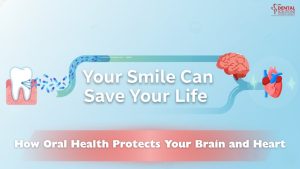 Infographic illustrating the link between oral health and systemic health, showing bacteria travelling from the gums through the bloodstream to the brain and heart. Text reads: 'Your Smile Can Save Your Life: How Oral Health Protects Your Brain and Heart'