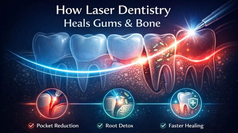 Illustration showing laser dentistry treating gum disease, with a laser removing bacteria from gum pockets, detoxifying tooth roots, and promoting faster healing of gums and bone.