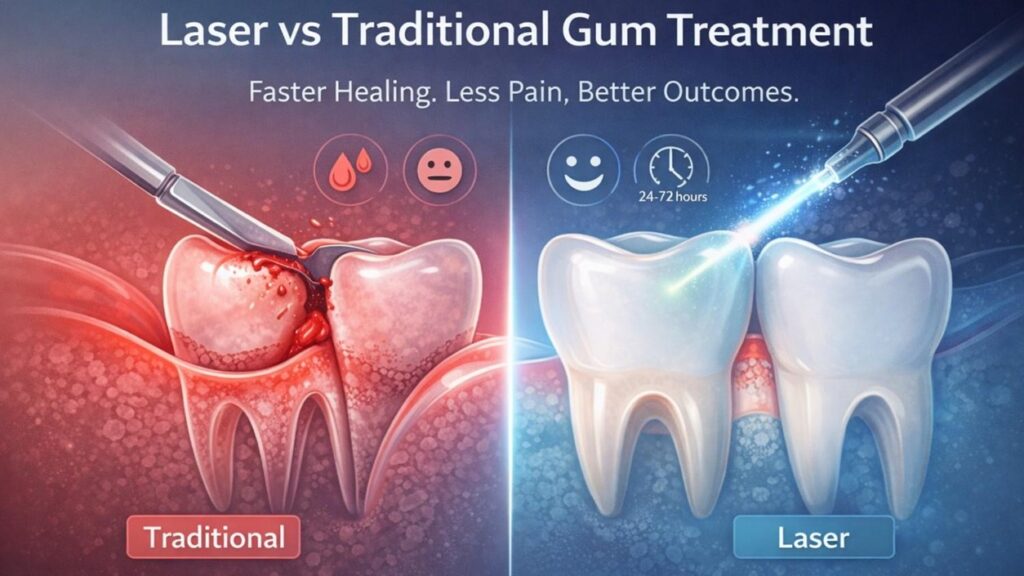 Illustration comparing laser gum treatment and traditional surgery, showing faster healing, less pain, and healthier gums with laser dentistry