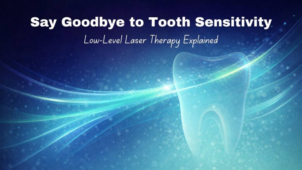 Illustration showing low-level laser therapy reducing tooth sensitivity and sealing exposed roots for lasting relief