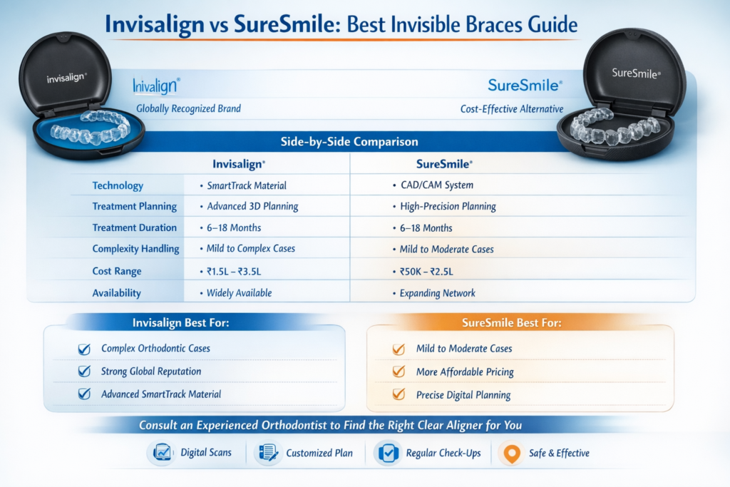 Invisalign vs SureSmile clear aligners comparison showing cost, treatment duration, and suitability for invisible braces