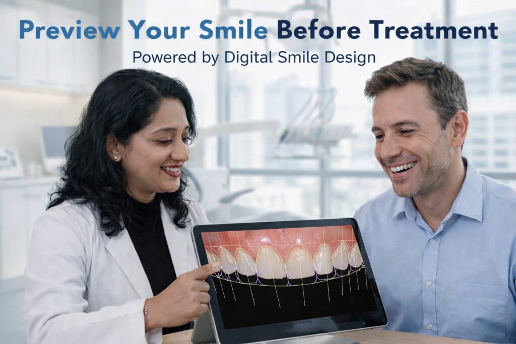 Dentist showing a digital smile design preview to an Indian patient before dental treatment
