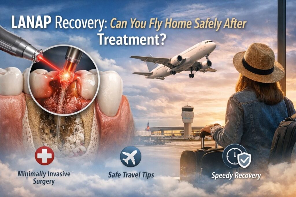 Laser periodontal therapy on gums with airport background showing patients traveling safely after LANAP gum disease treatment.