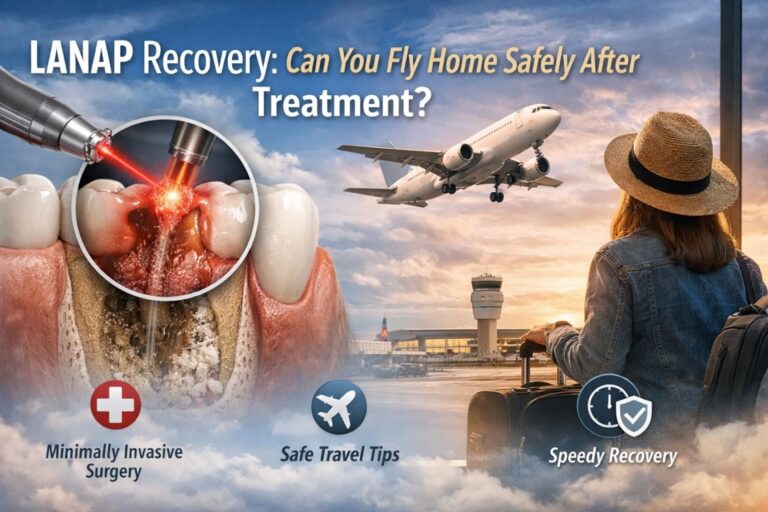Laser periodontal therapy on gums with airport background showing patients traveling safely after LANAP gum disease treatment.