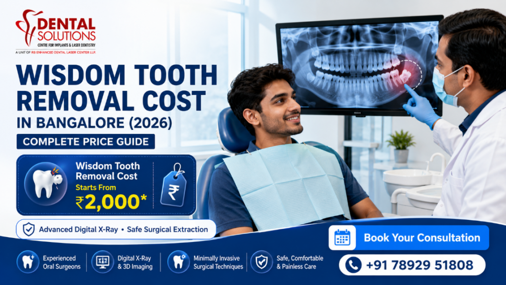 Wisdom Tooth Removal Cost in Bangalore (2026) – Dentist explaining impacted wisdom tooth X-ray to a patient at Dental Solutions Clinic with complete price guide.