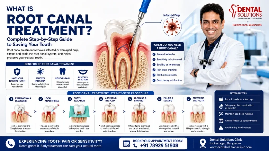 Root canal treatment procedure showing step-by-step treatment to clean and save an infected tooth in Bangalore
